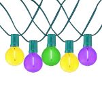25 LED Filament G40 Globe String Light Set with Transparent Yellow, Purple & Green Bulbs on Green Wire