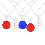25 LED Filament G40 Globe String Light Set with Transparent Red, White & Blue Bulbs on White Wire