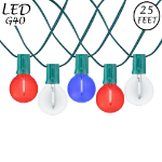 25 LED Filament G40 Globe String Light Set with Transparent Red, White & Blue Bulbs on Green Wire