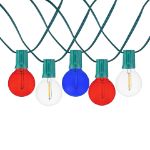 25 LED Filament G40 Globe String Light Set with Transparent Red, White & Blue Bulbs on Green Wire
