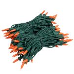 RetroGlo Orange Ceramic Mini Lights 100 Light on Green Wire 34 Feet Long