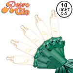 RetroGlo Clear Mini Lights 10 Light on Green Wire 5.5 Feet Long