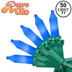 RetroGlo Blue Ceramic Mini Lights 50 Light on Green Wire 11 Feet Long