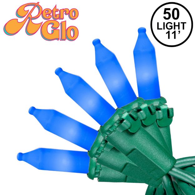 RetroGlo Blue Ceramic Mini Lights 50 Light on Green Wire 11 Feet Long