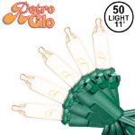 RetroGlo Clear Mini Lights 50 Light on Green Wire 11 Feet Long