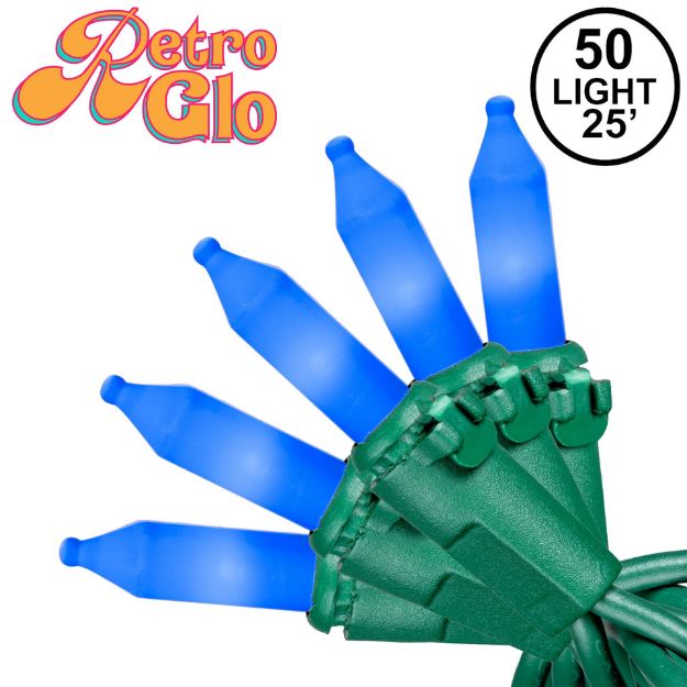 RetroGlo Blue Ceramic Mini Lights 50 Light on Green Wire 25 Feet Long