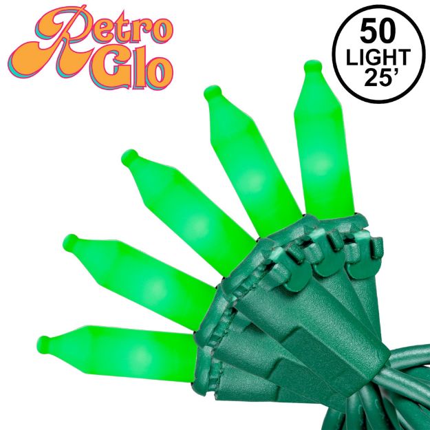 RetroGlo Green Ceramic Mini Lights 50 Light on Green Wire 25 Feet Long