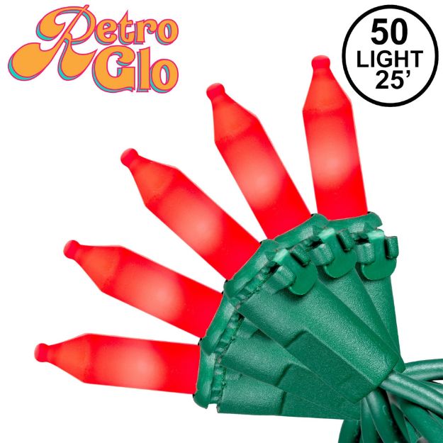 RetroGlo Red Ceramic Mini Lights 50 Light on Green Wire 25 Feet Long