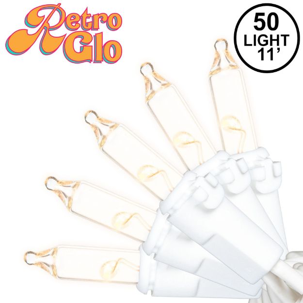 RetroGlo Clear Mini Lights 50 Light on White Wire 11 Feet Long