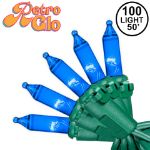 RetroGlo Blue Mini Lights 100 Light on Green Wire 50 Feet Long