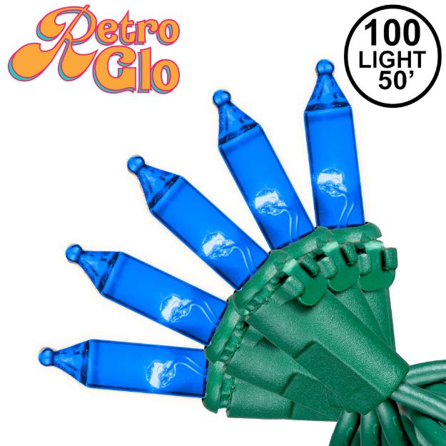 RetroGlo Blue Mini Lights 100 Light on Green Wire 50 Feet Long