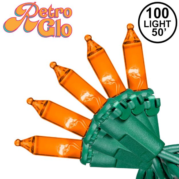RetroGlo Orange Mini Lights 100 Light on Green Wire 50 Feet Long