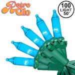 RetroGlo Teal Mini Lights 100 Light on Green Wire 50 Feet Long