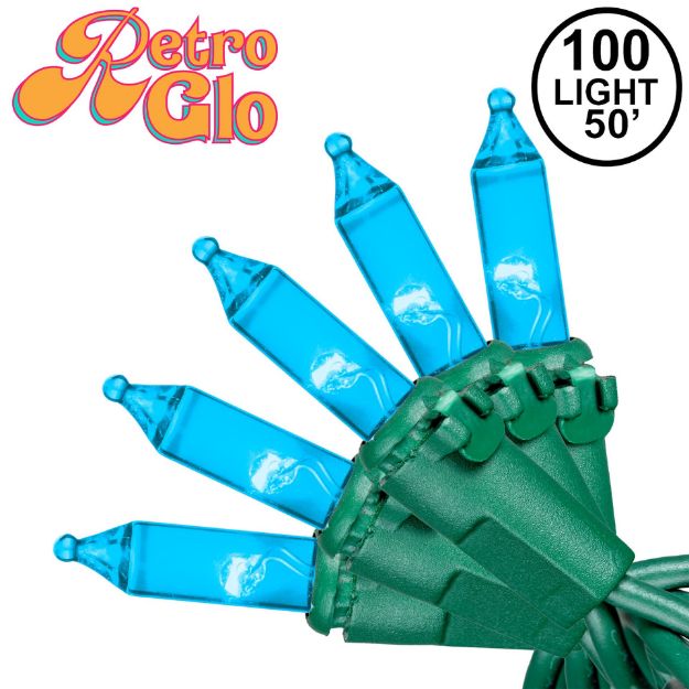 RetroGlo Teal Mini Lights 100 Light on Green Wire 50 Feet Long