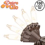 RetroGlo Clear Mini Lights 100 Light on Brown Wire 50 Feet Long