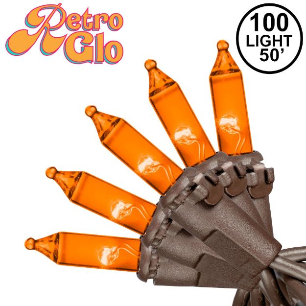 RetroGlo Orange Mini Lights 100 Light on Brown Wire 50 Feet Long