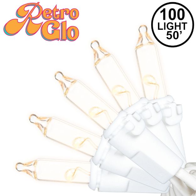 RetroGlo Clear Mini Lights 100 Light on White Wire 50 Feet Long