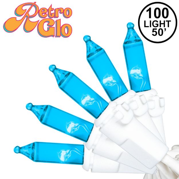 RetroGlo Teal Mini Lights 100 Light on White Wire 50 Feet Long