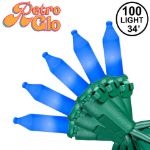 RetroGlo Blue Ceramic Mini Lights 100 Light on Green Wire 34 Feet Long