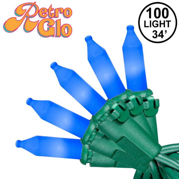 RetroGlo Blue Ceramic Mini Lights 100 Light on Green Wire 34 Feet Long