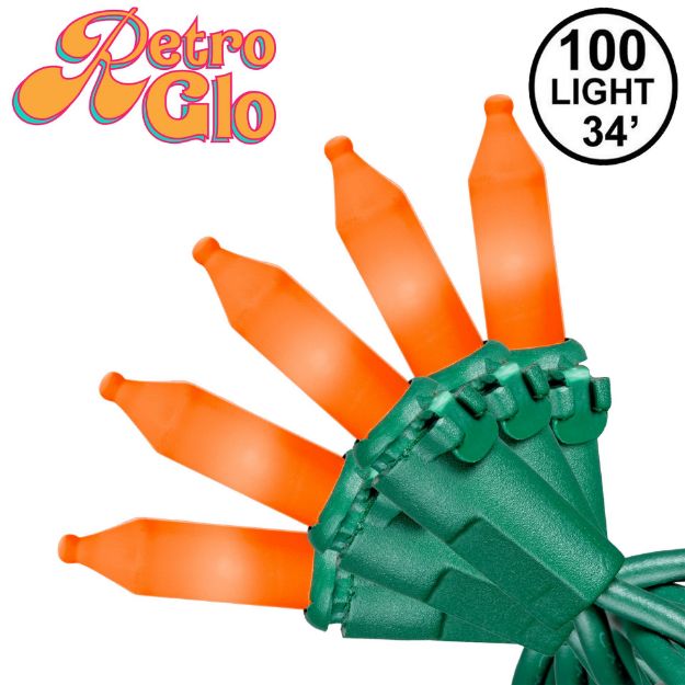 RetroGlo Orange Ceramic Mini Lights 100 Light on Green Wire 34 Feet Long