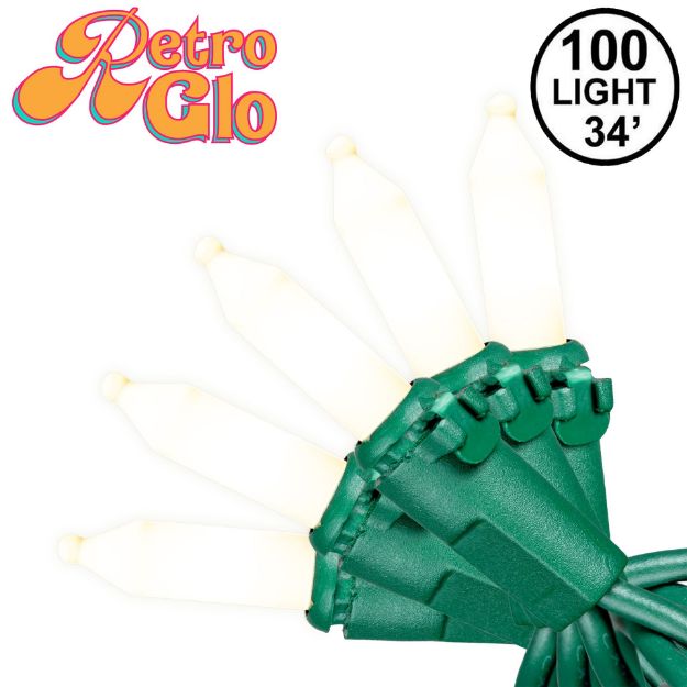 RetroGlo White Ceramic Mini Lights 100 Light on Green Wire 34 Feet Long