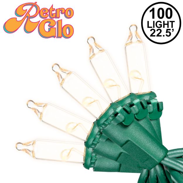 RetroGlo Clear Mini Lights 100 Light on Green Wire 22 Feet Long