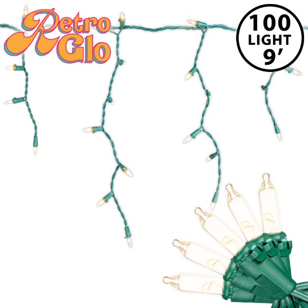 RetroGlo Clear 100 Light Icicle Lights Green Wire Medium Drops
