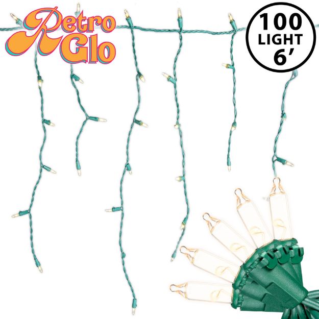 RetroGlo Clear 100 Light Icicle Lights Green Wire Long Drops