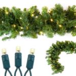Lighted Colorado Pine garland with warm white mini lights and a close-up of the green wire bulbs