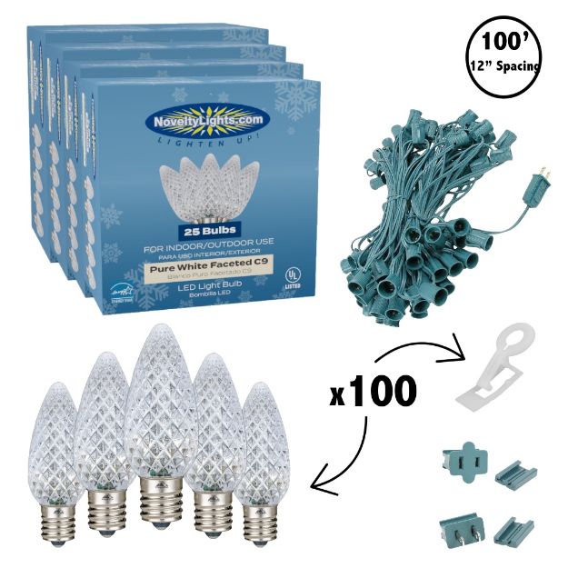 C9 Decorate Like a Pro® Kit - 100' LED Diamond Faceted Pure White Green Wire w/12" Bulb Spacing