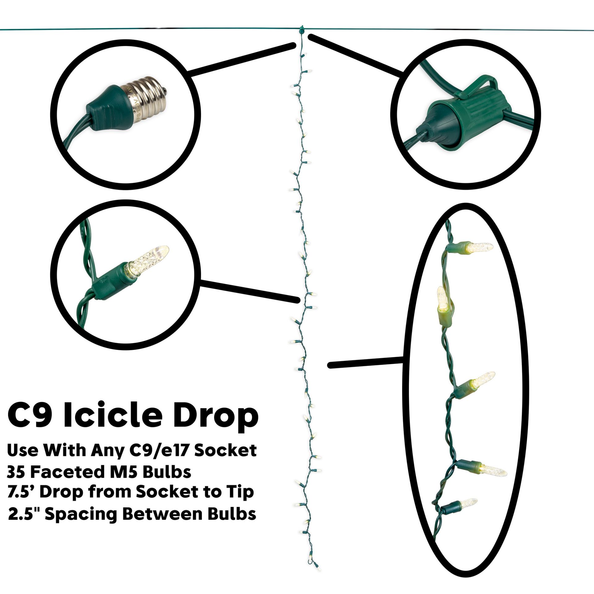 35 LED C9 Icicle Drop on Green Wire – Warm White | NoveltyLightsNovelty ...