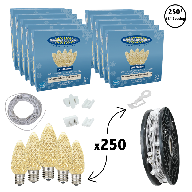 C9 Decorate Like a Pro® Kit - 250' LED Diamond Faceted Warm White White Wire w/12" Bulb Spacing