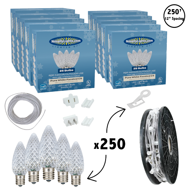 C9 Decorate Like a Pro® Kit - 250' LED Diamond Faceted Pure White White Wire w/12" Bulb Spacing