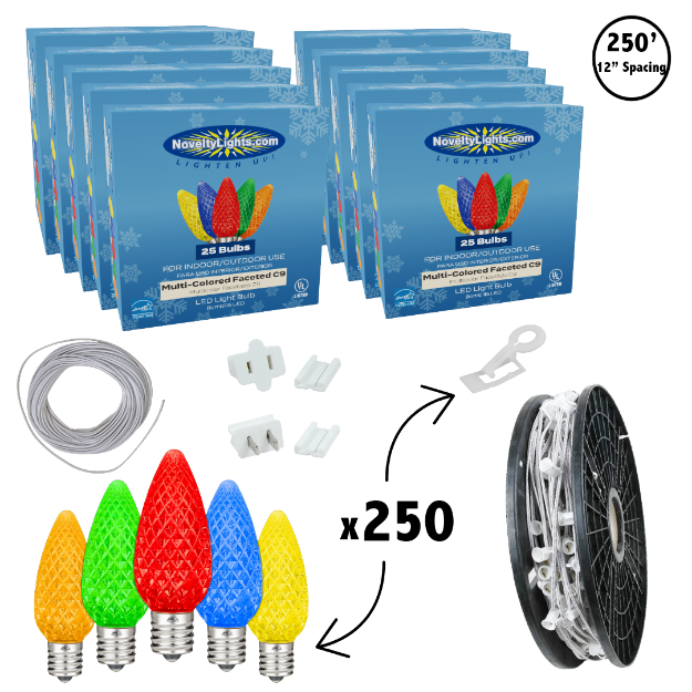 C9 Decorate Like a Pro® Kit - 250' LED Diamond Faceted Multi Color White Wire w/12" Bulb Spacing