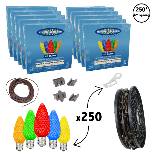 C9 Decorate Like a Pro® Kit - 250' LED Diamond Faceted Multi Color Brown Wire w/12" Bulb Spacing