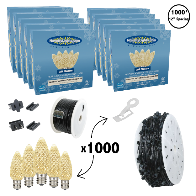 C9 Decorate Like a Pro® Kit - 1000' LED Diamond Faceted Warm White Black Wire w/12" Bulb Spacing