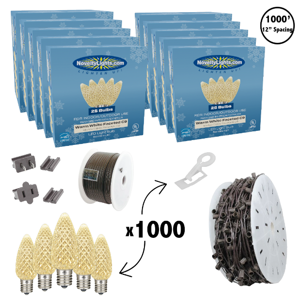 C9 Decorate Like a Pro® Kit - 1000' LED Diamond Faceted Warm White Brown Wire w/12" Bulb Spacing