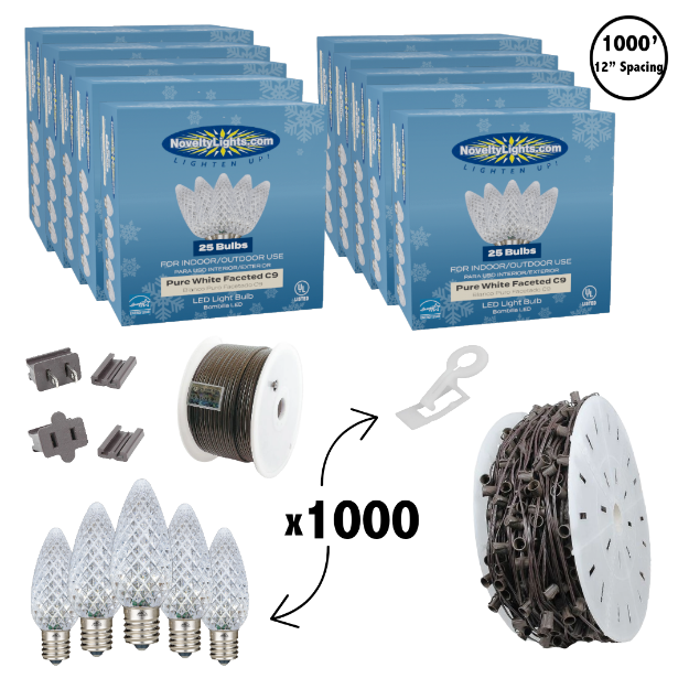 C9 Decorate Like a Pro® Kit - 1000' LED Diamond Faceted Pure White Brown Wire w/12" Bulb Spacing