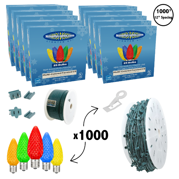 C9 Decorate Like a Pro® Kit - 1000' LED Diamond Faceted Multi Color Green Wire w/12" Bulb Spacing