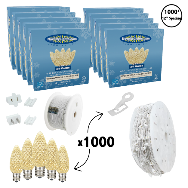 C9 Decorate Like a Pro® Kit - 1000' LED Diamond Faceted Warm White White Wire w/12" Bulb Spacing