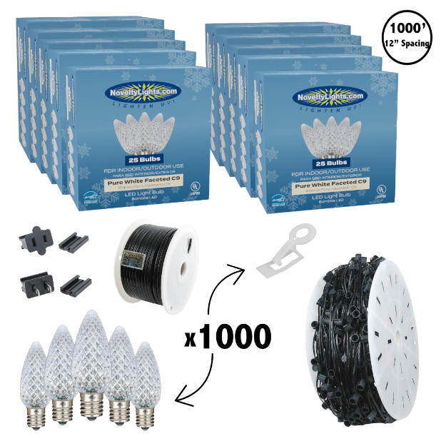 C9 Decorate Like a Pro® Kit - 1000' LED Diamond Faceted Pure White Black Wire w/12" Bulb Spacing