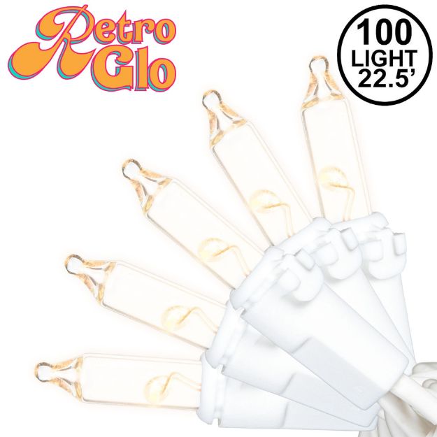 RetroGlo Clear Mini Lights 100 Light on White Wire 22 Feet Long