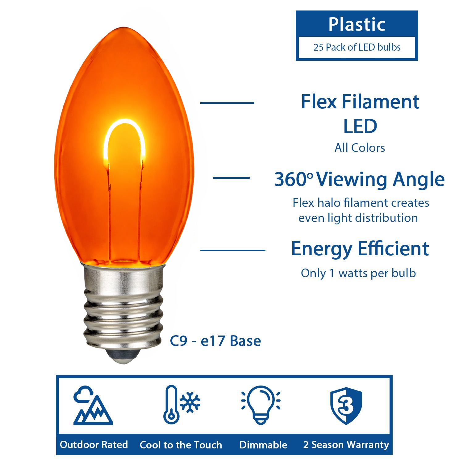 25 Pack C9 LED Outdoor Christmas Replacement Bulbs, Warm White, C9/E17 Base