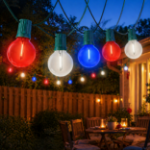 25 LED Filament G40 Globe String Light Set with Transparent Red, White & Blue Bulbs on Green Wire