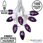 100 C9 Christmas Light Set - Purple Bulbs - White Wire