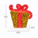 Gold and red 3D gift box dimensions infographic