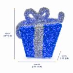 Blue and silver 3D gift box dimensions infographic