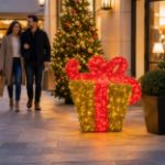 Gold and red 3D gift box in an upscale commercial holiday setting