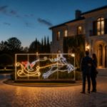 Santa and flying reindeer light sculpture at a luxury residence